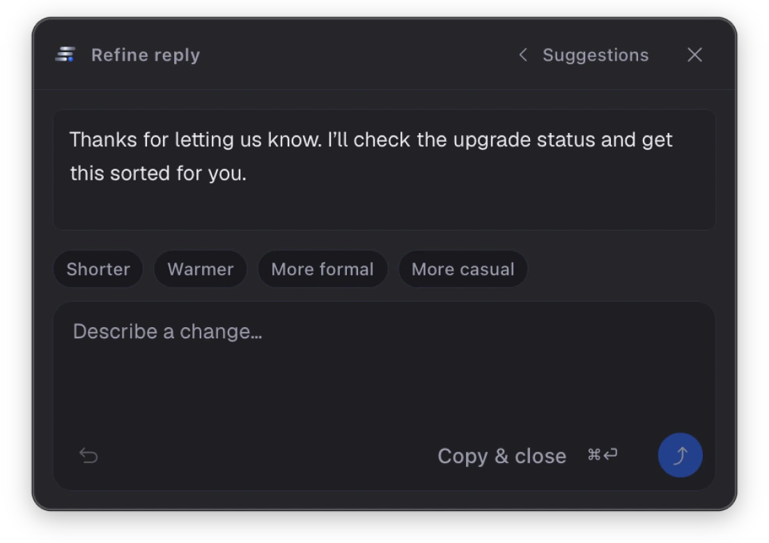 The WriteButler refine panel, with shortcuts for a shorter, warmer, or more formal reply
