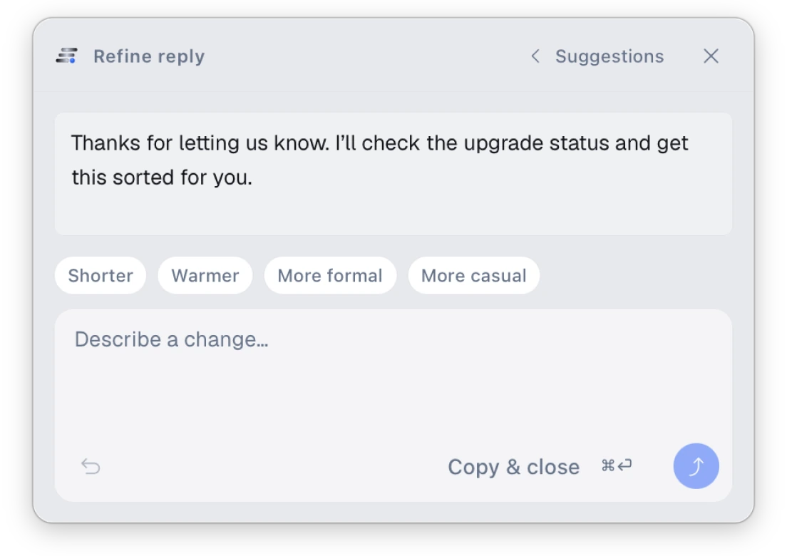 The WriteButler refine panel, with shortcuts for a shorter, warmer, or more formal reply
