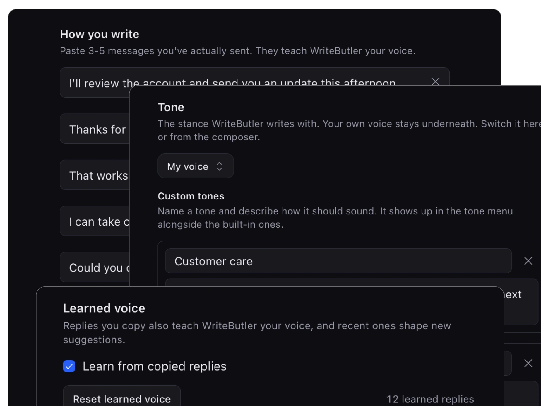 The WriteButler writing settings, showing the messages and tones that teach it your voice