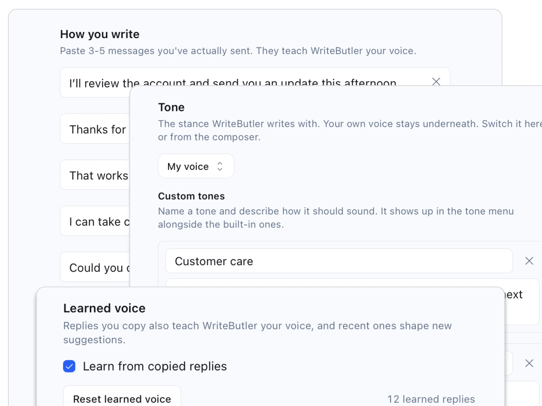The WriteButler writing settings, showing the messages and tones that teach it your voice